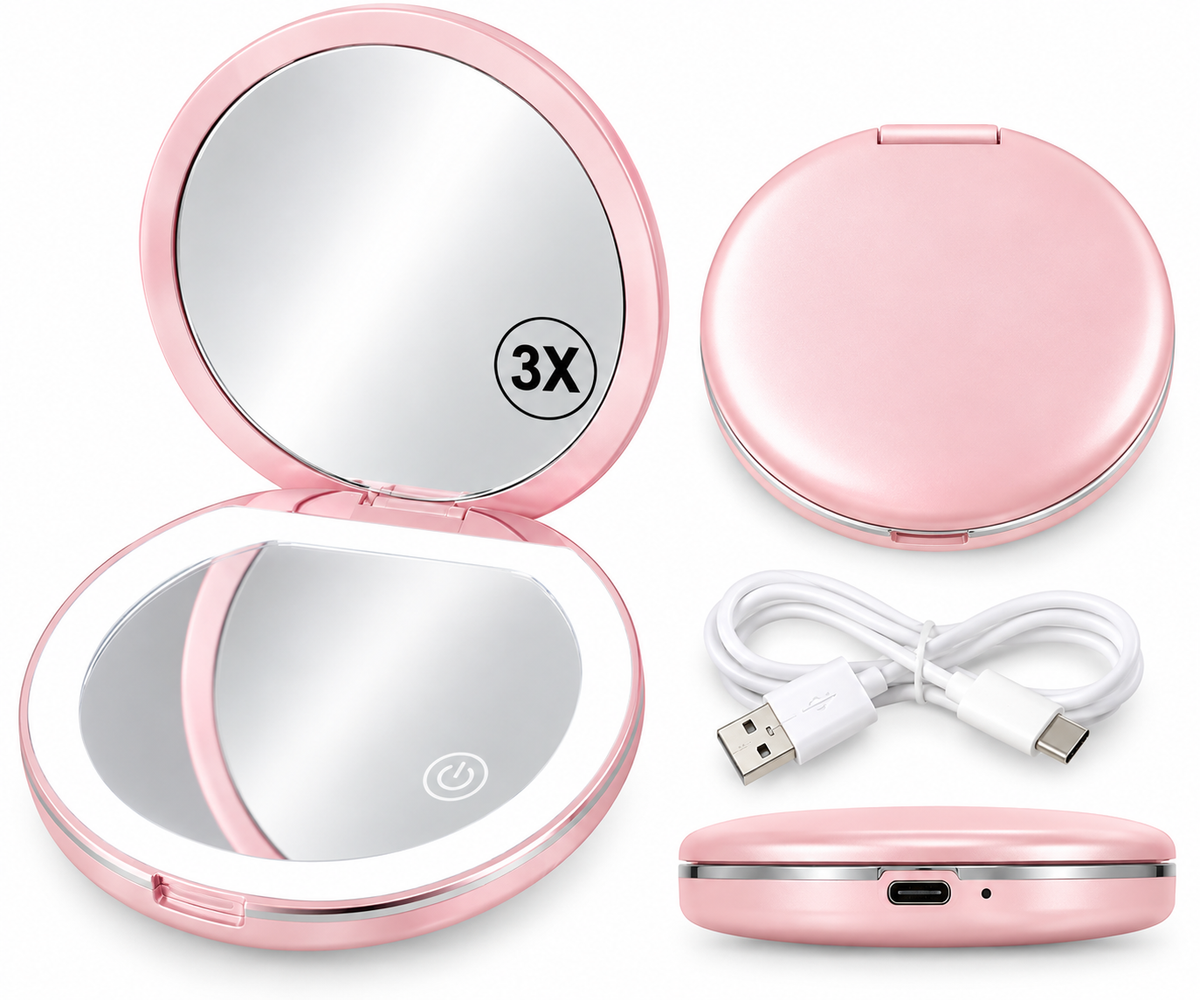 Pale pink rechargeable LED compact makeup mirror with 3x magnification and USB-C charging cable