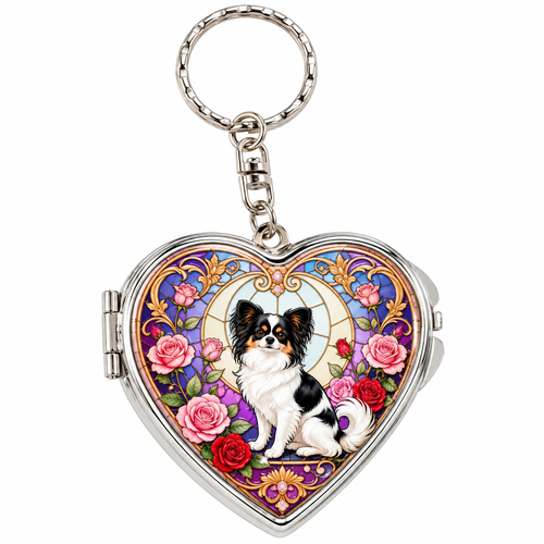 Papillon floral heart compact mirror keychain