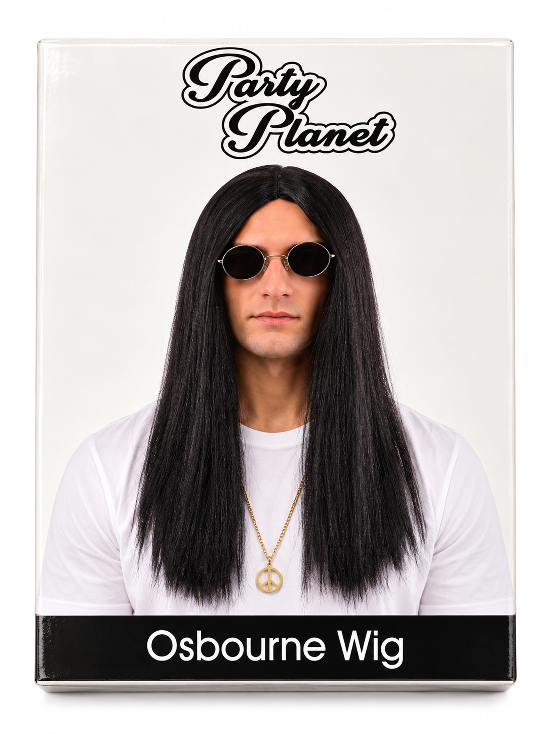 Party Planet Osbourne long black wig product box on white background