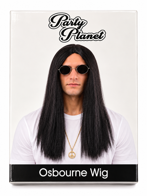 Party Planet Osbourne long black wig product box on white background