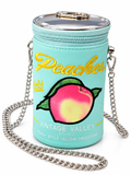 Peaches aqua novelty can-shaped crossbody handbag with silver chain on white background