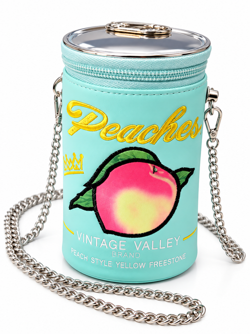 Peaches aqua novelty can-shaped crossbody handbag with silver chain on white background