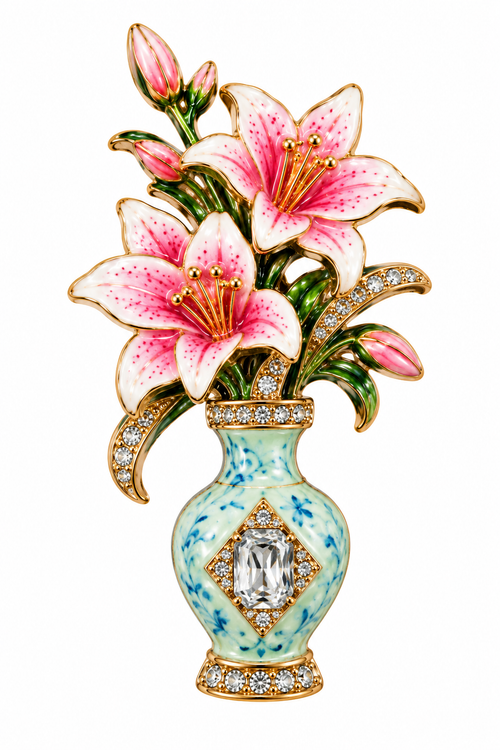Pink lily vase enamel gold-tone brooch with crystal inlays