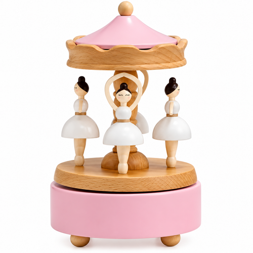 Pink wooden rotating ballerina carousel music box