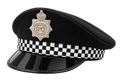 Black police costume hat with checkerboard band and silver badge