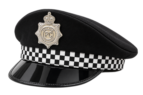 Black police costume hat with checkerboard band and silver badge
