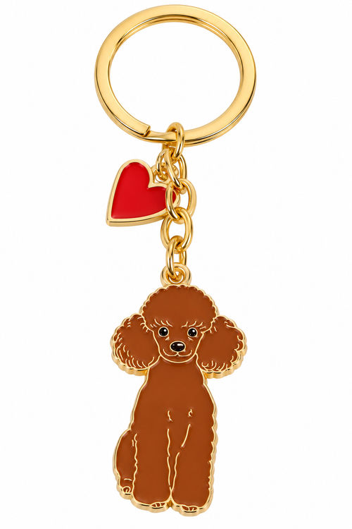 Gold-tone poodle dog keyring with red heart charm