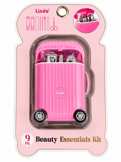 Lindo pink 9-piece beauty essentials kit on white background