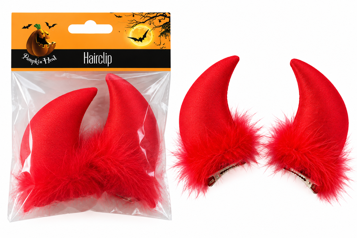 Halloween red devil horns hair clips, pair, white background