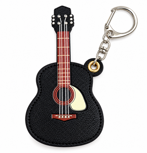 Black PU leather guitar-shaped pick holder keychain