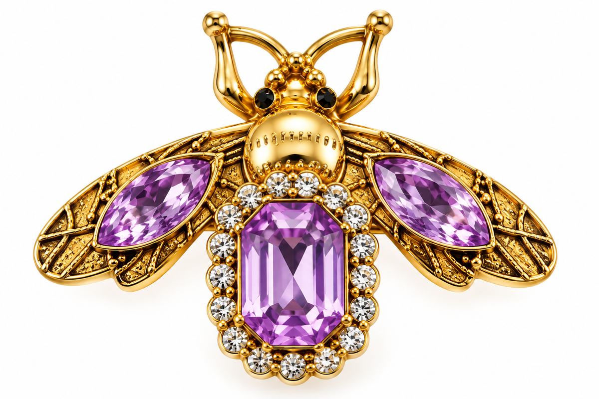 Golden bee brooch with purple crystals and zirconia