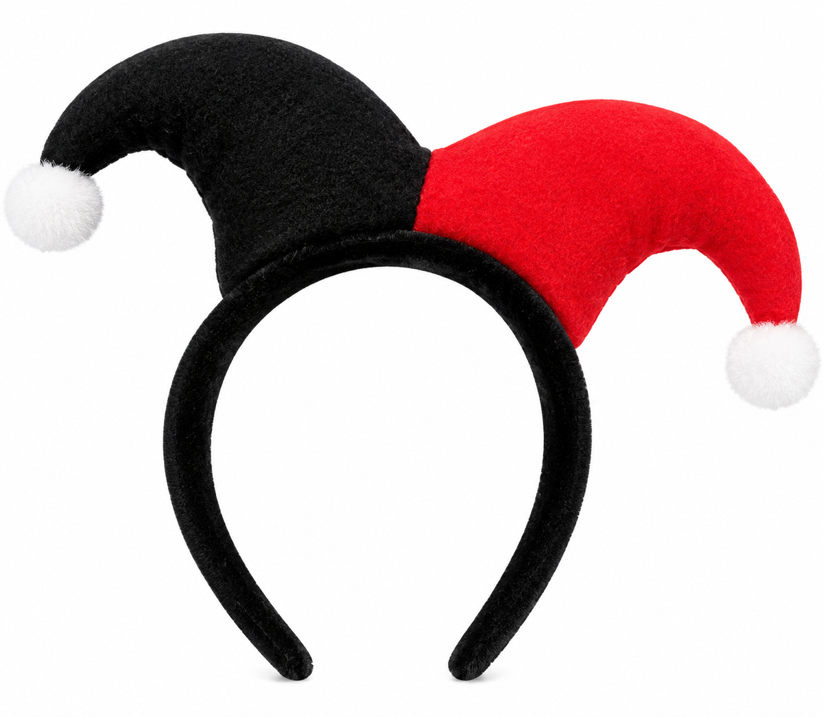 Red and black jester headband with white pom-poms