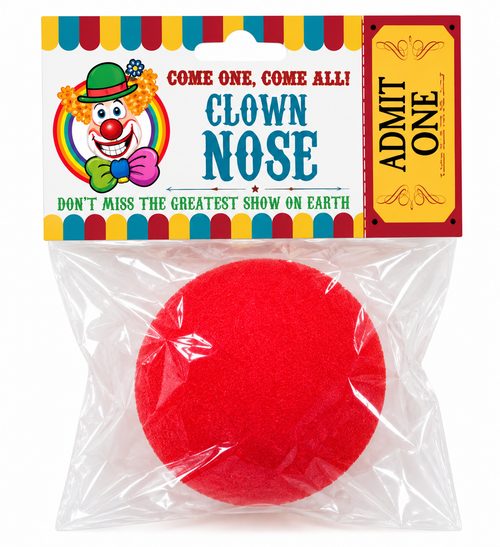 Red foam clown nose in circus packaging