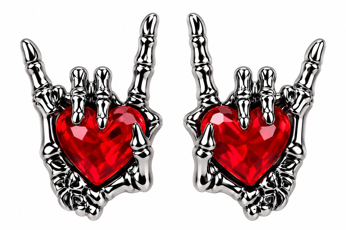 Skeleton hand stud earrings with red cubic zirconia hearts