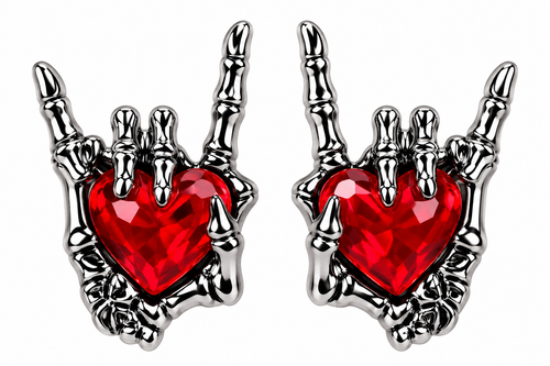 Skeleton hand stud earrings with red cubic zirconia hearts