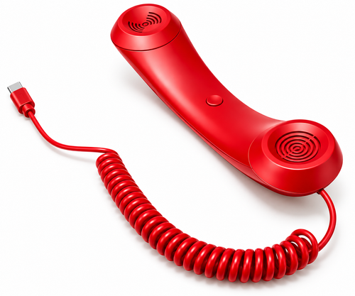 Red retro-style telephone handset with coiled cord and USB-C connector on white background