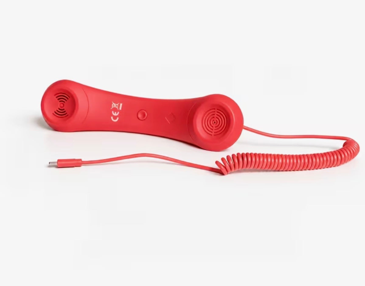 Red retro USB-C telephone handset with coiled cord