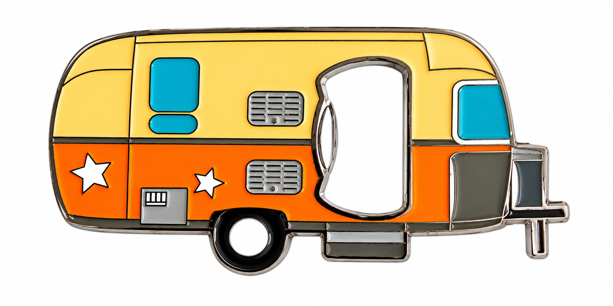Retro camper bottle opener fridge magnet on white background