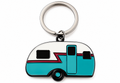 Retro turquoise camper van keychain on white background