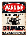 Retro drummer warning wall sign on white background