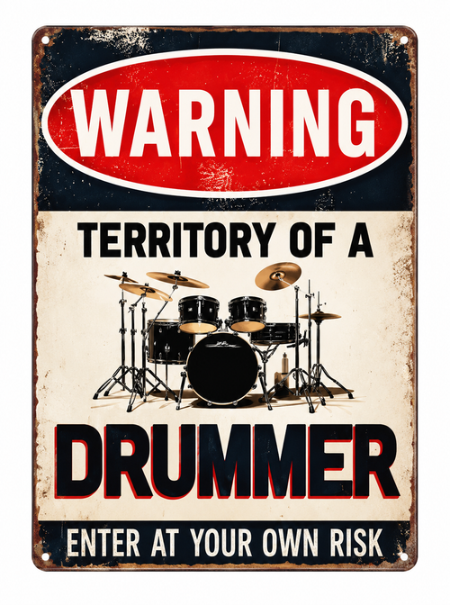 Retro drummer warning wall sign on white background
