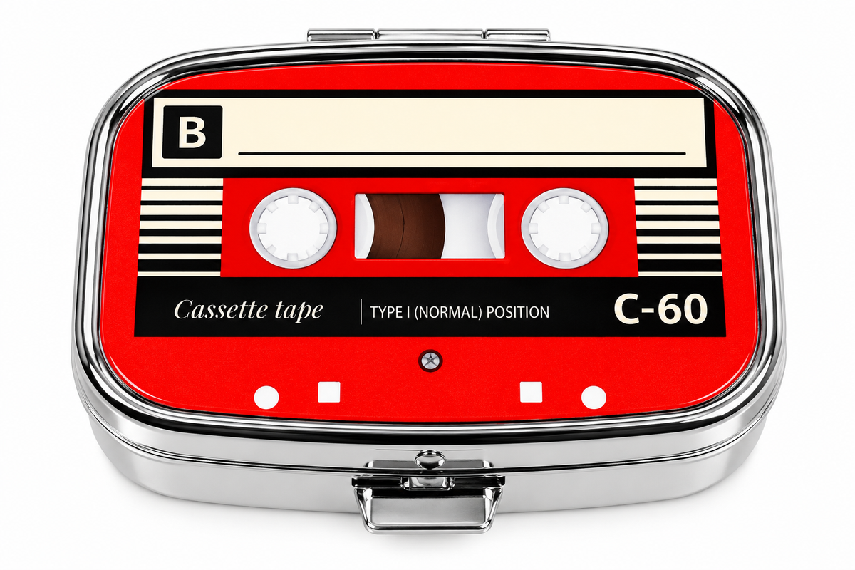 Retro red cassette tape mini pill box on white background