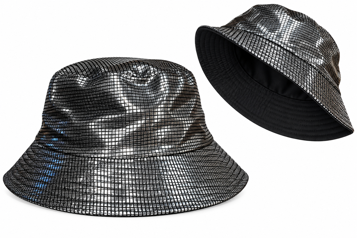 Reversible disco metallic silver and black bucket hat