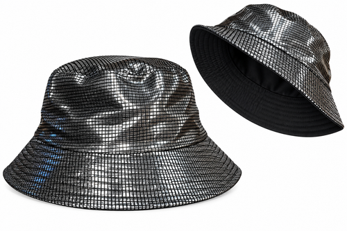 Reversible disco metallic silver and black bucket hat