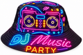 Reversible DJ Music Party bucket hat with neon boombox design