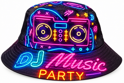 Reversible DJ Music Party bucket hat with neon boombox design