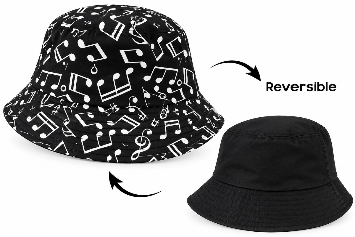Reversible black musical notes bucket hat showing printed and plain black sides