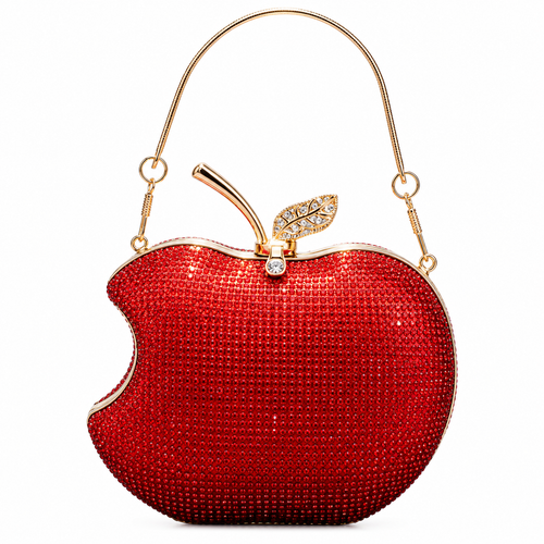 Red rhinestone apple handbag with handle on white background