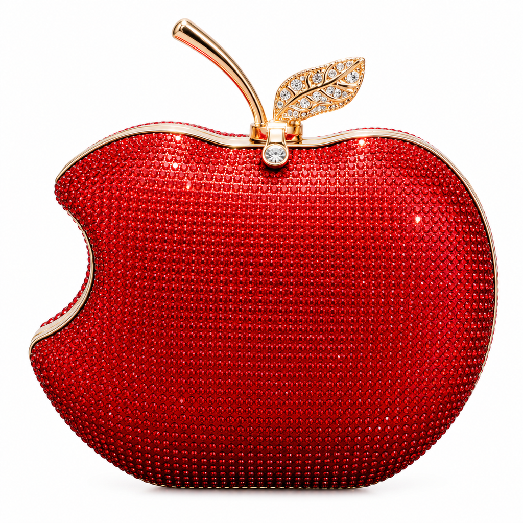Red rhinestone apple clutch without handle on white background