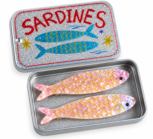 Two pink sardine hair clips in glitter sardine tin gift box