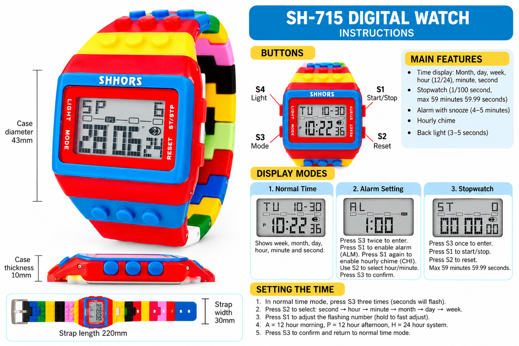 SH-715 watch illustrated instructions