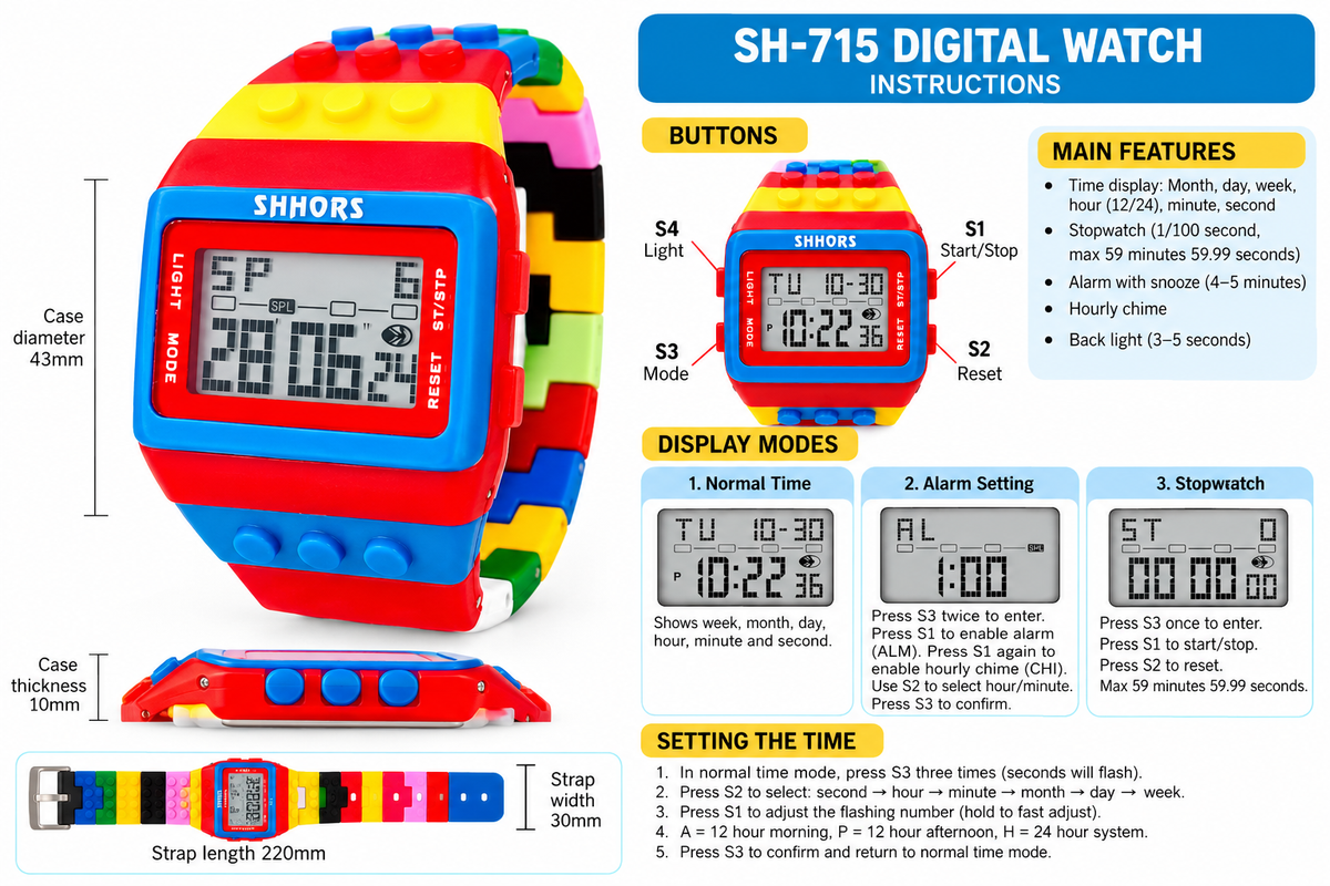 SH-715 watch illustrated instructions