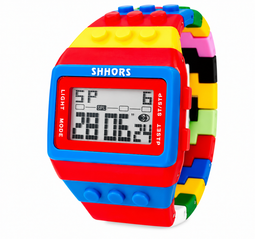 Colourful building block digital watch on white background