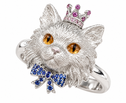 Silver-tone cat princess statement ring with crown and crystal bow