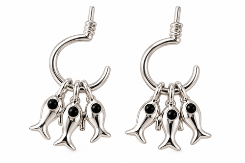 Silver-tone earrings with three dangling fish charms on each earring, white background