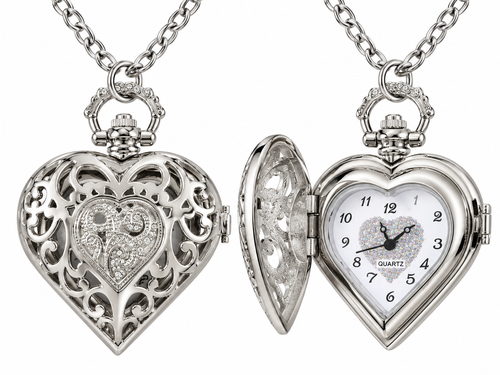 Silver heart locket quartz watch necklace shown open and closed
