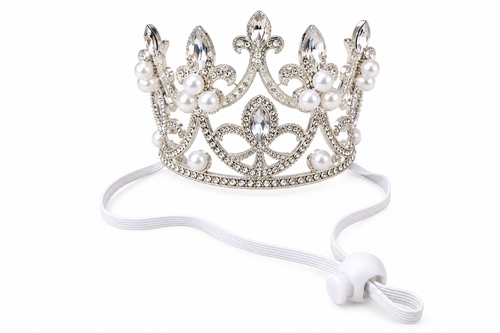 Mini silver-tone pearl pet crown with elastic strap on white background