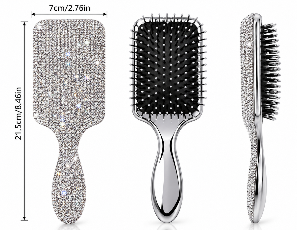 Silver rhinestone paddle hair brush with black cushioned bristles, 21.5 cm long