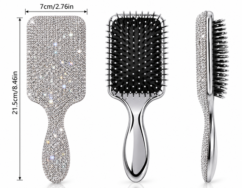 Silver rhinestone paddle hair brush with black cushioned bristles, 21.5 cm long