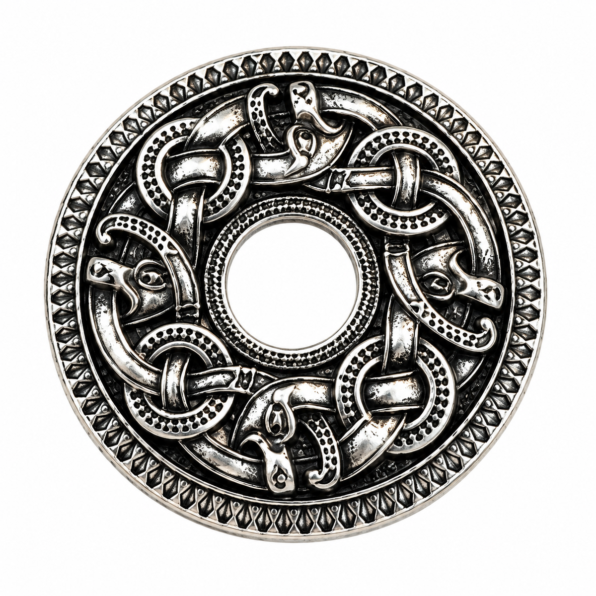 Silver-tone Celtic Viking style round brooch approximately 3 cm diameter