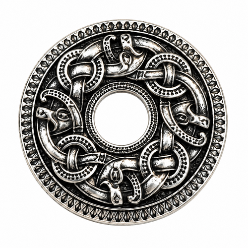 Silver-tone Celtic Viking style round brooch approximately 3 cm diameter