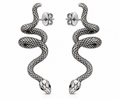 Silver tone zinc alloy snake stud earrings on white background