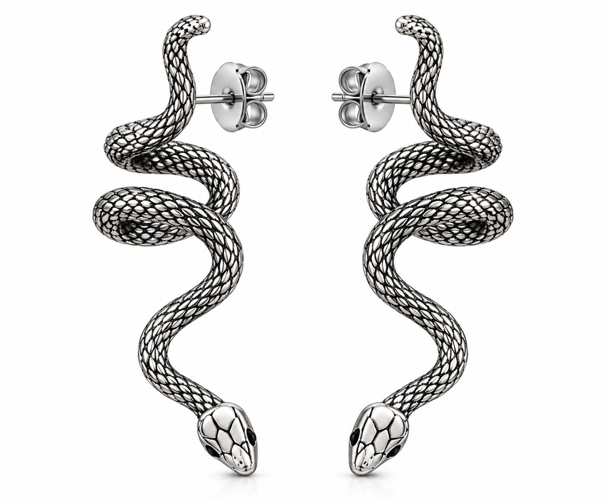 Silver tone zinc alloy snake stud earrings on white background