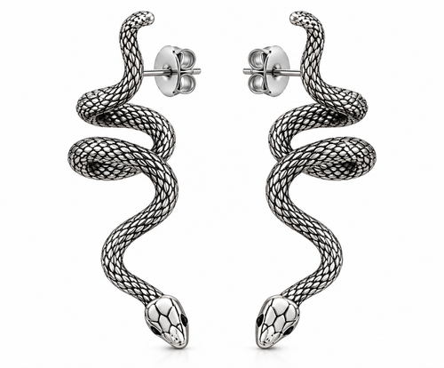Silver tone zinc alloy snake stud earrings on white background