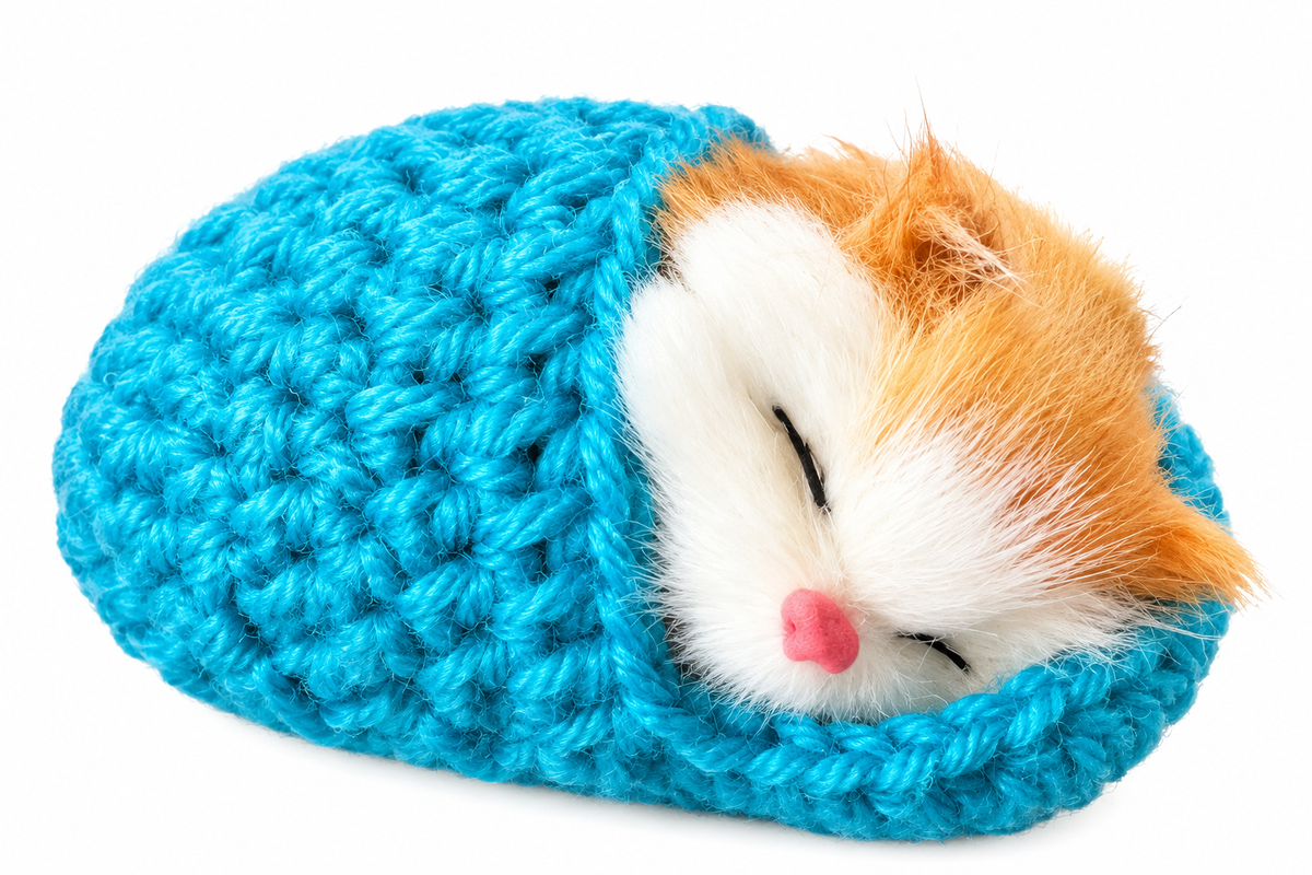 Sleeping ginger tabby miniature kitten in turquoise crocheted bed