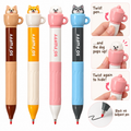 Spinning puppy teacup ballpoint pens in four colours with pop-up instructions